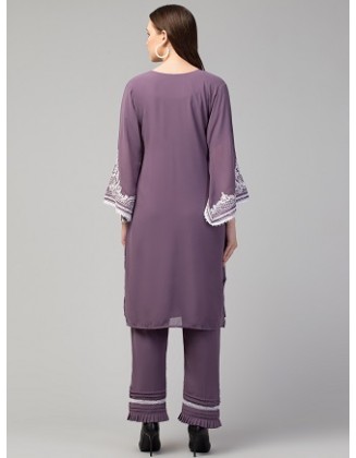 Women Kurta And Pant Set Georgette Embroidery Lavender