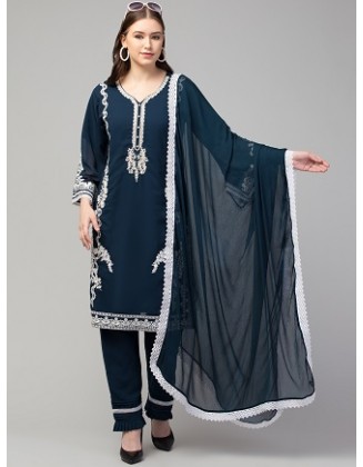 Women Kurta And Pant Set Georgette Embroidery Peacock Blue