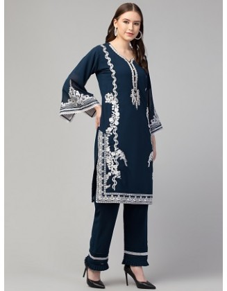 Women Kurta And Pant Set Georgette Embroidery Peacock Blue